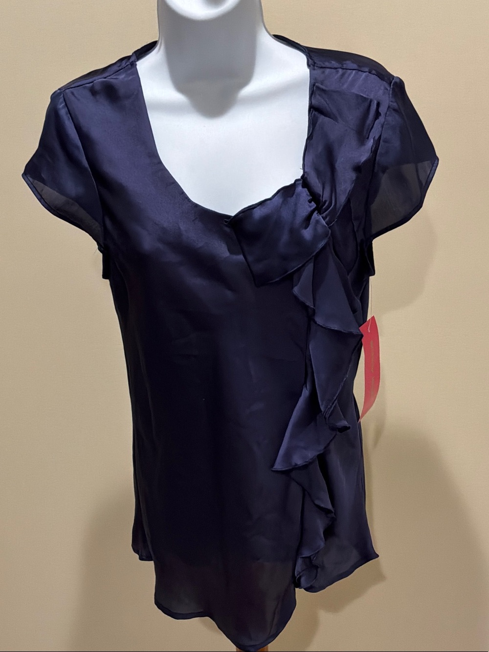 Sunny Leigh Navy Ruffle Cap-Sleeve Blouse size M